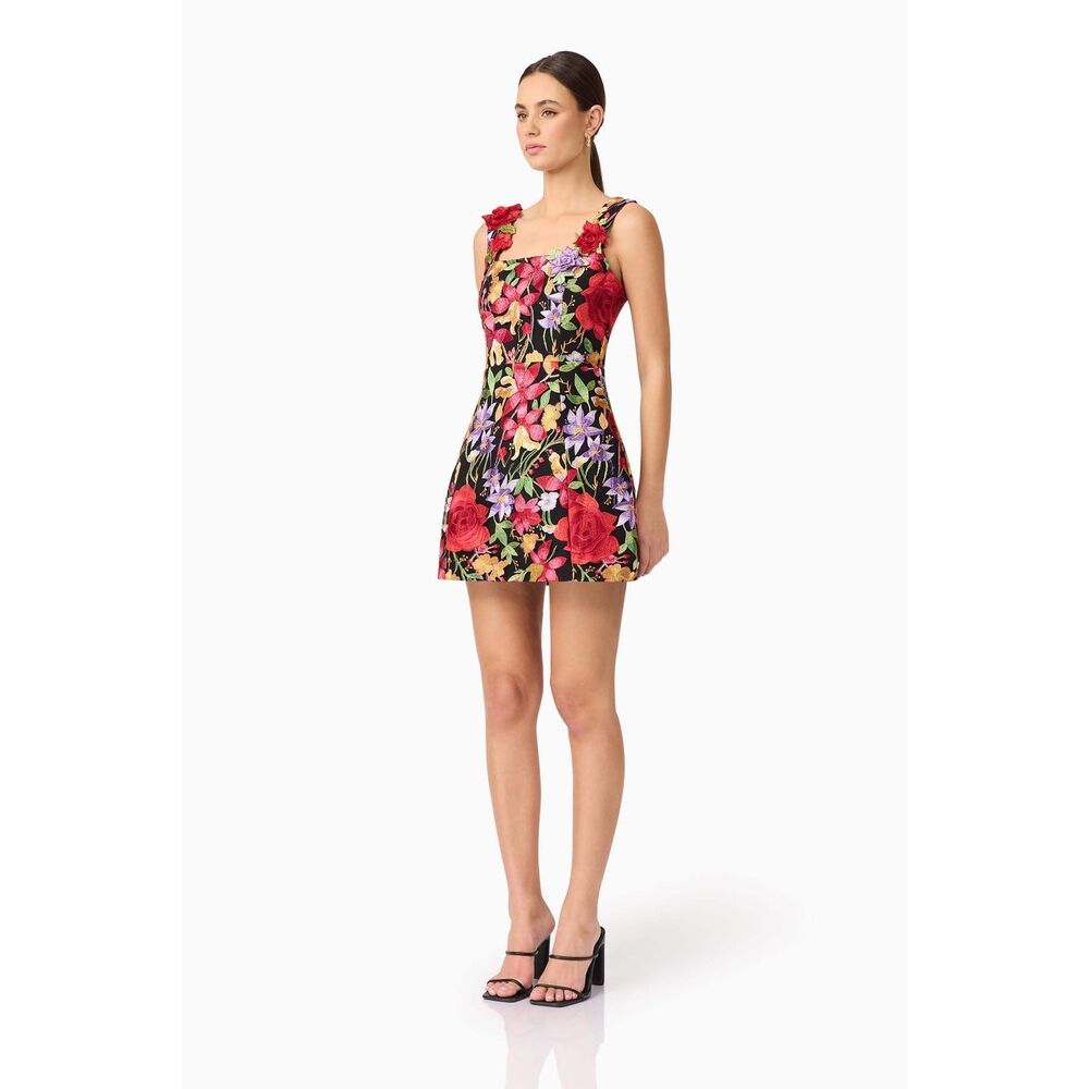 ELLIATT Talia Mini Dress Black Floral Wedding Guest Cocktail size M Flaw !! - Picture 4 of 9